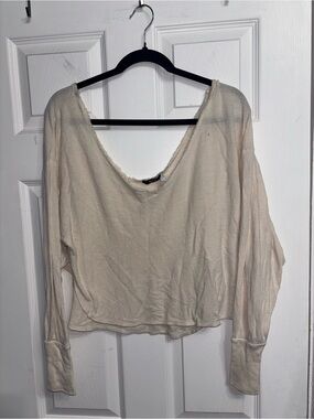 BDG Cream Raw-Edge Scoop-Neck Lightweight Top